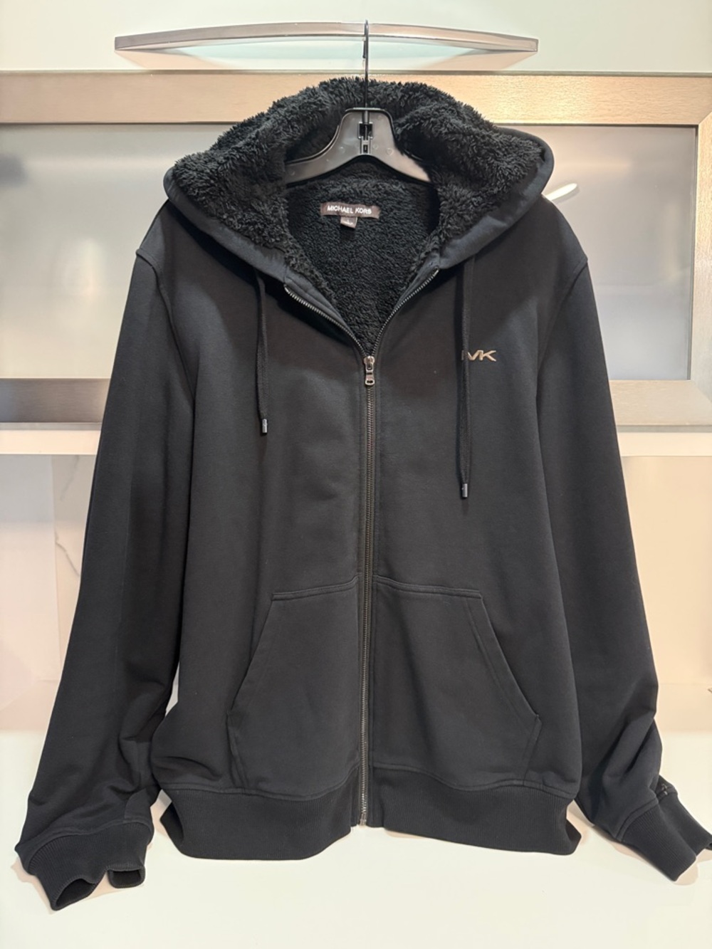 Michael Kors Black Sherpa-Lined Zip-Up Hoodie Jacket